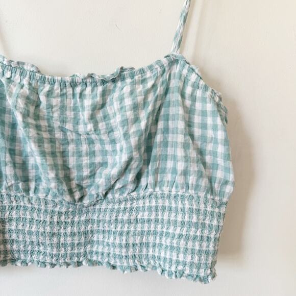 American Eagle Turquoise Gingham Cotton Linen Smocked Cami Cropped Top XL - Picture 5 of 9